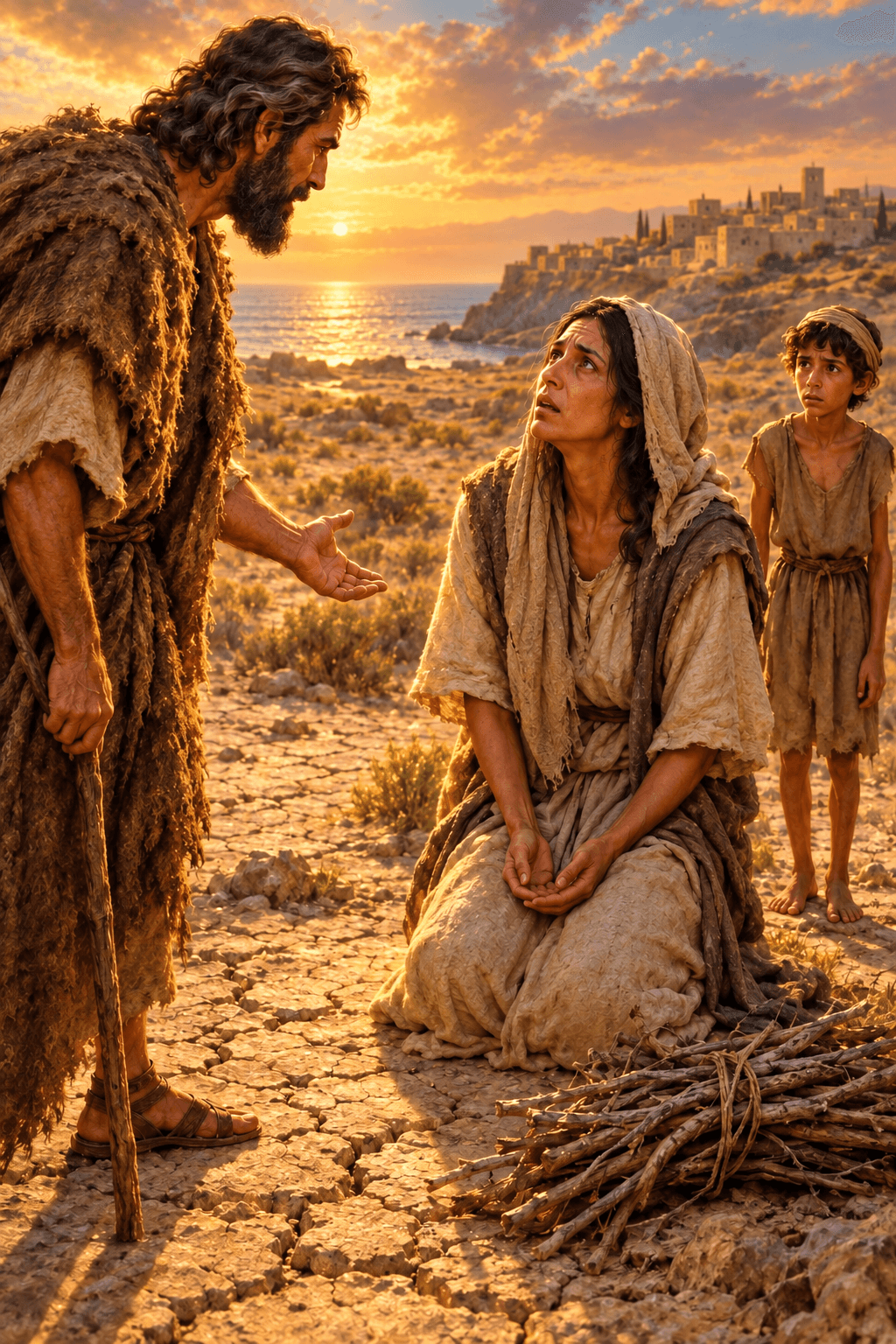The Widow of Zarephath facing the prophet Elijah